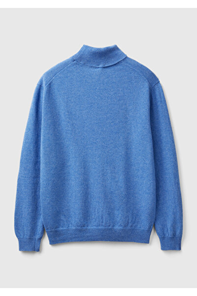United Colors of Benetton Pulover albastru pentru bărbați, cu gât înalt, din merinos