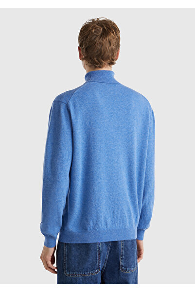 United Colors of Benetton Pulover albastru pentru bărbați, cu gât înalt, din merinos