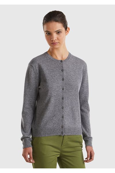 United Colors of Benetton Cardigan pentru femei Antracit Melange - Gâtul turn, 100% Merino