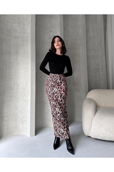 Fav Style Fusta lungă creion cu talie înaltă, cu imprimeu leopard, maro