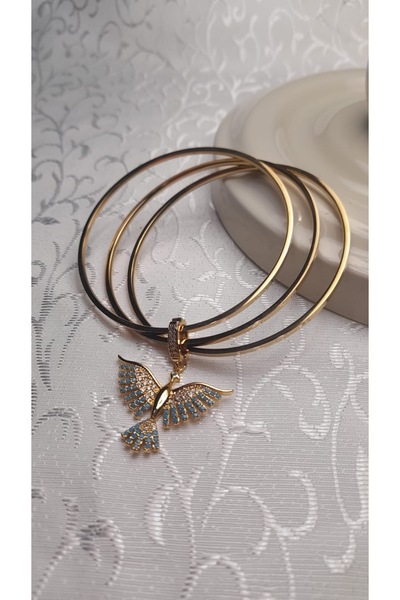 Uzel Taşlı Anka Kuşu Charmlı 3lü Gold Çelik Ajda Bilezik