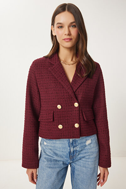 Lovelyİstanbul Jachetă scurtă din tweed dublu roșu Claret LWF0012