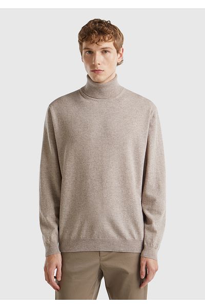 United Colors of Benetton Мъжки пуловер с поло яка от 100% меринос в бежов меланж