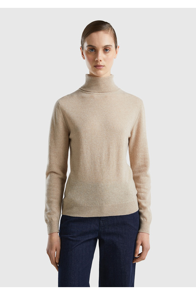 United Colors of Benetton Γυναικείο πουλόβερ Merino Milk Brown Melange - Stand Collar
