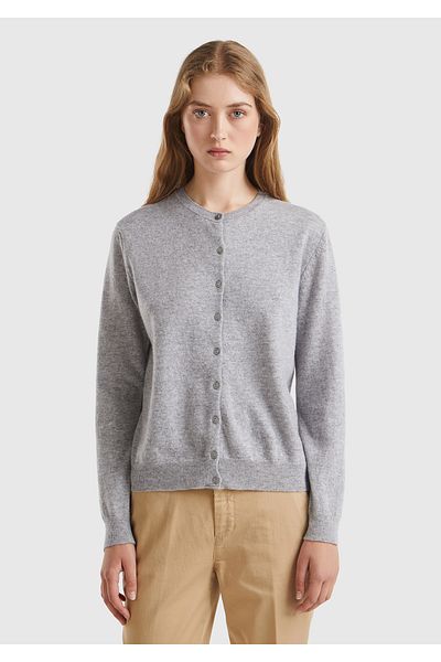 United Colors of Benetton Cardigan de damă, gri Melange, cu gât crew, 100% merinos