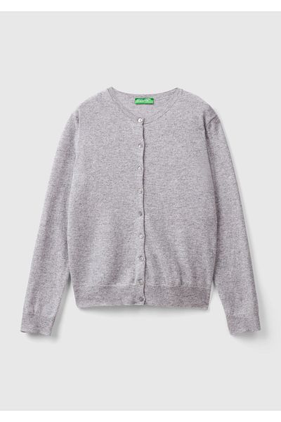 United Colors of Benetton Cardigan de damă, gri Melange, cu gât crew, 100% merinos