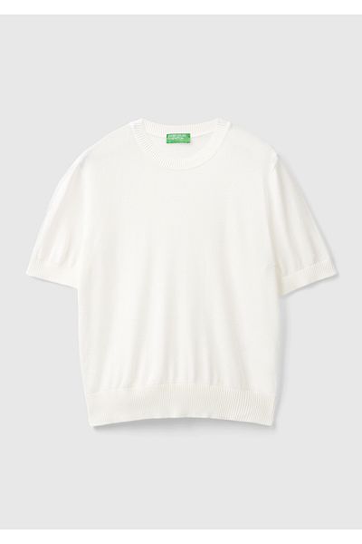 United Colors of Benetton Amestec de bumbac alb și modal - Pulover de damă cu gât rotund