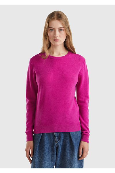 United Colors of Benetton سترة نسائية باللون الفوشيا - 100% ميرينو، رقبة دائرية