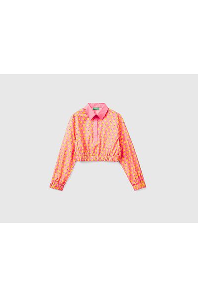 United Colors of Benetton Bluză de damă, roz, cu model de fructe, cu guler de cămașă, din poplin elastic