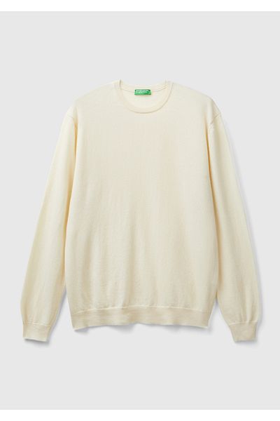 United Colors of Benetton Ανδρικό πουλόβερ Cream Crew Neck 100% Merino
