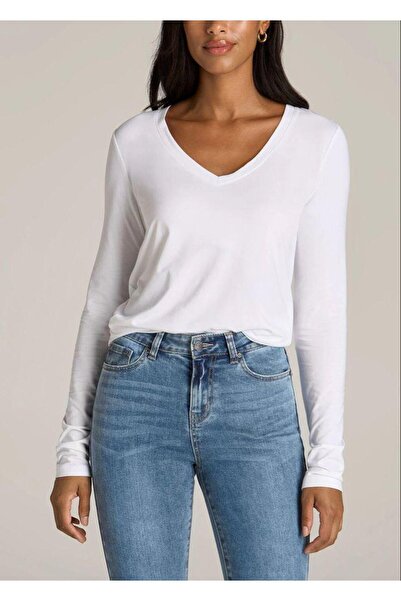 Butik Kadın V yaka Uzun Kollu Likralı Beyaz Penye Body