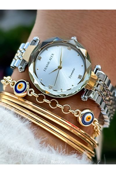 Frank Alex Ferrucci̇ By. - Silver Yellow Women's Wrist Watch and Bracelet, Steel Band and Cut Glass