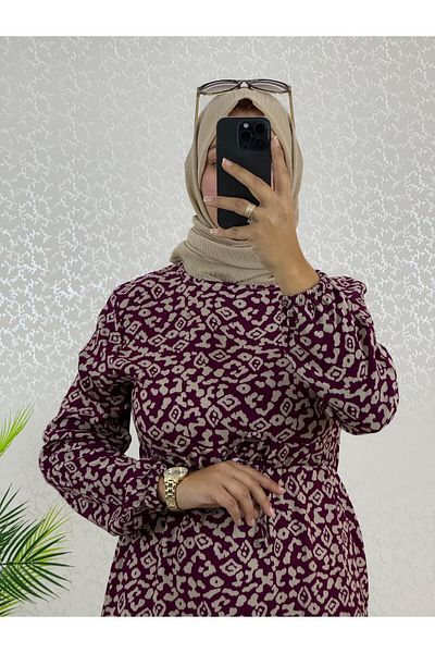 WAPP Γυναικείο φόρεμα Hijab με φερμουάρ πίσω από ύφασμα βισκόζης με λιλά σχέδια