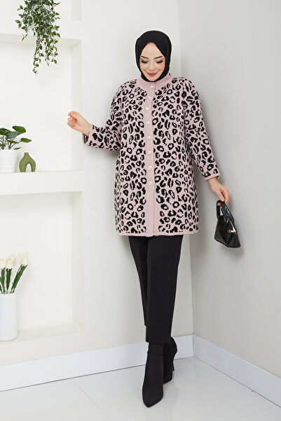 Pamuk Butik Women's Leopard Patterned Knitwear Cardigan