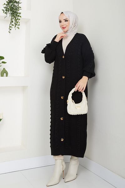 Pamuk Butik Women's Balloon Sleeve Button Closure Long Knitwear Cardigan