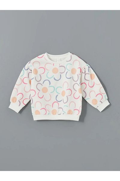 LC Waikiki Lcw Kids Girl's Ecru Floral Sweatshirt and Leggings - Crew Neck Set of 2