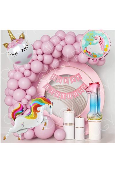 CUGY Girl's Birthday Decoration Party Set with Age Numbers, Unicorn Figure, Foils and Pink Balloon Chain Set