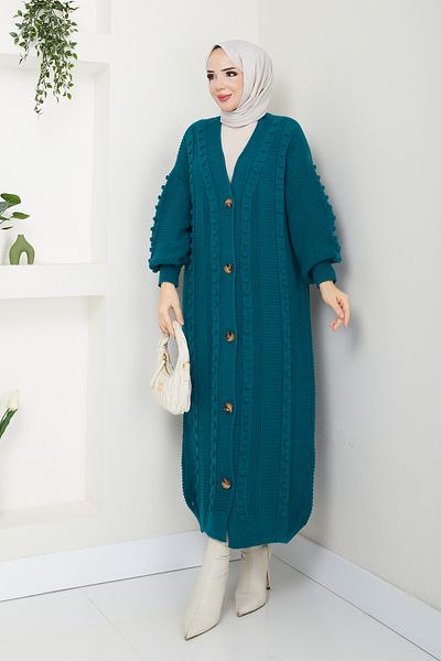Pamuk Butik Women's Balloon Sleeve Button Closure Long Knitwear Cardigan