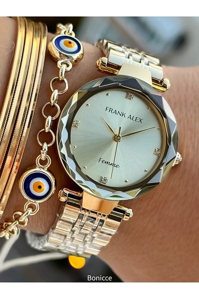 Frank Alex Ferrucci̇ By. Women's Yellow Color Wrist Watch & Bracelet - Steel Cord & Cutout Glass