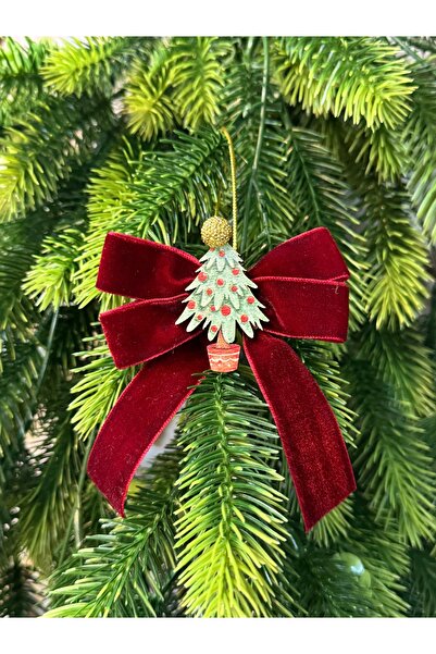 Genel Markalar Bordo Kadife Ağaç Süslü Fiyonk, 5'li Paket, Şık ve Zarif Dekor...