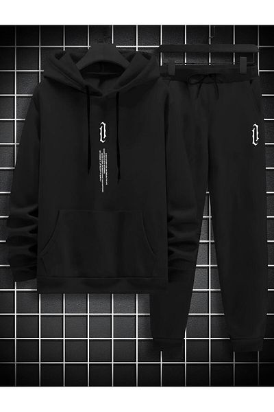 NewCabin New Season Unisex Μαύρο βαμβακερό σετ κουκούλα και φούτερ - 2 τεμαχίων