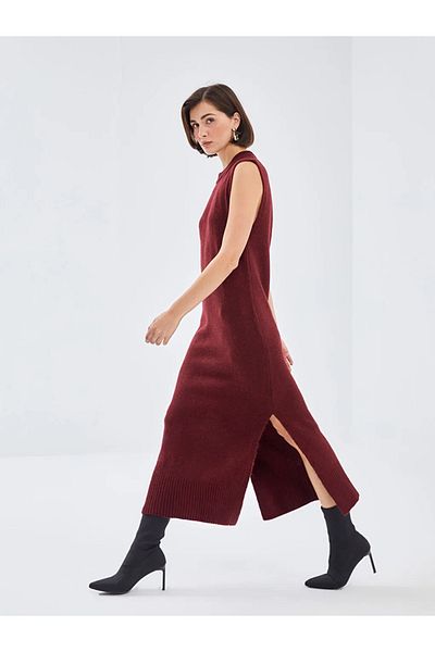 LC Waikiki Burgundy Crew Neck Women's Knitwear Dress