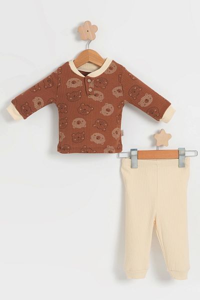 LOGO AKSESUAR Brown Color Children's Baby Set - 100% Cotton, Bear Pattern, Bottom and Top Set