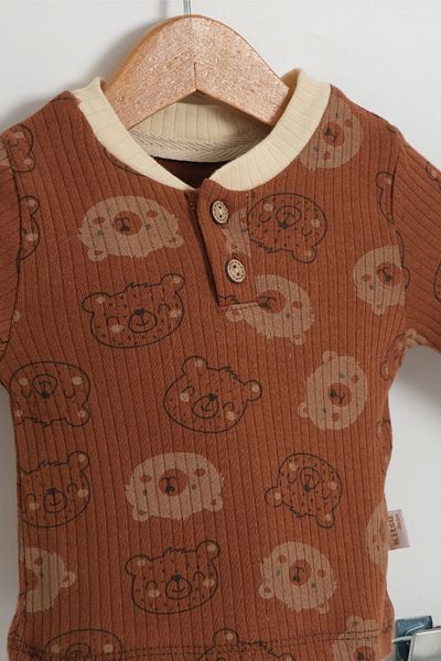LOGO AKSESUAR Brown Color Children's Baby Set - 100% Cotton, Bear Pattern, Bottom and Top Set