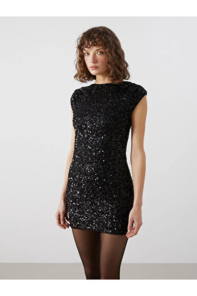 LC Waikiki LCW Vision Siyah Bisiklet Yaka Pul Payetli Kadın Elbise