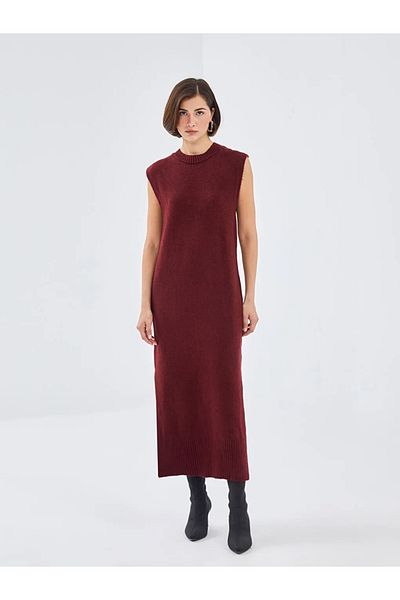 LC Waikiki Burgundy Crew Neck Women's Knitwear Dress