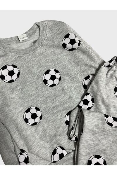 Fil Kids Boys' Cotton Brushed Inside Gray Black White Soccer Ball Patterned Long Sleeve Winter Pajama Set