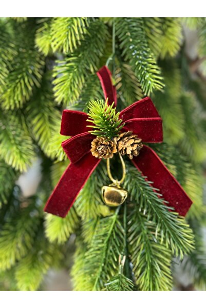 Motif Aksesuar 5 Adet Zilli Kozaklı Çam Dallı Bordo Kadife Ağaç süsü Fiyonk