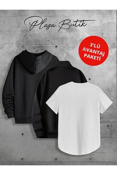 Plaza Butik Unisex 3 Thread Half Zip Sweatshirt/ Hooded Sweatshirt/ Bottom Oval T-Shirt 3-Piece Advantage Pack