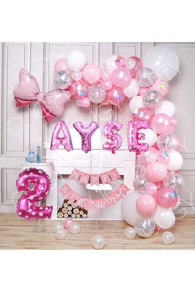 CUGY Girl's Birthday Decoration Party Set Pink Transparent White Balloon Set with Custom Name Written Pink Ribbon