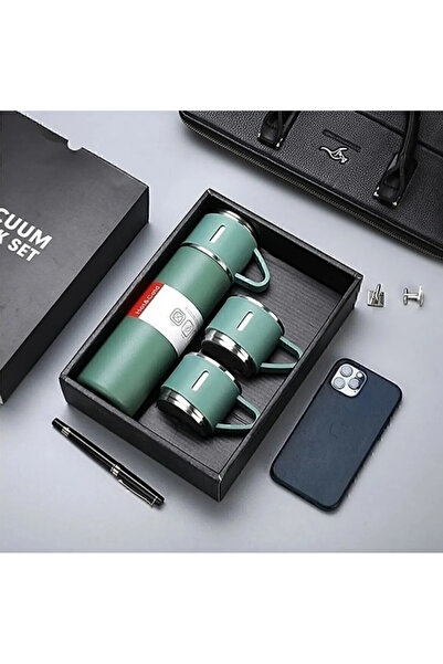 çaymekani Termos Paslanmaz Çelik 3 Bardaklı Vakumlu Termos Set 500 Ml, 12 Saa...