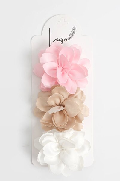 LOGO AKSESUAR Çiçek Broş Pembe-Bej-Ekru 3'lü Set (12 Cm)