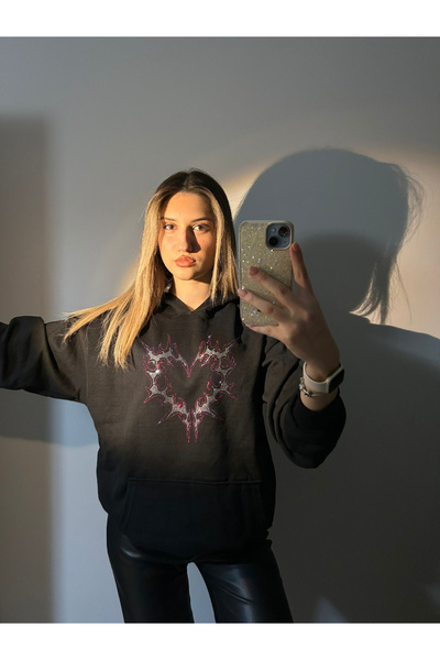 Violon Siyah Kapüşonlu Gothic Heart Kalp Parıltılı Taşlı Unisex  3 İplik Şardonlu Kışlık Sweatshirt