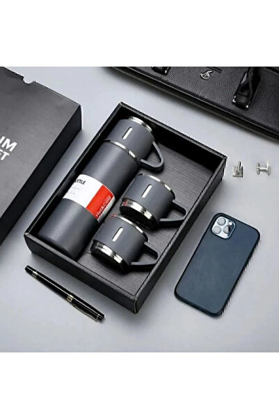 çaymekani Termos Paslanmaz Çelik 3 Bardaklı Vakumlu Termos Set 500 Ml, 12 Saate Kadar Isı Koruma