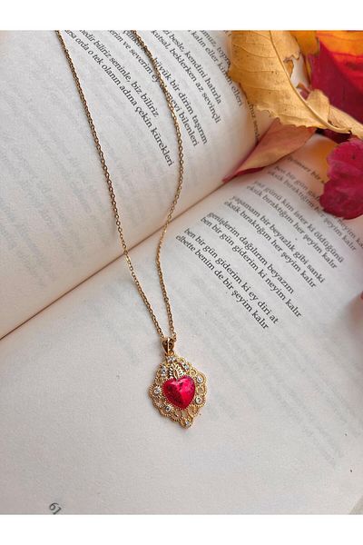bohemian takı tasarim New Year's Gift 316L Steel Heart Necklace with Red Stone
