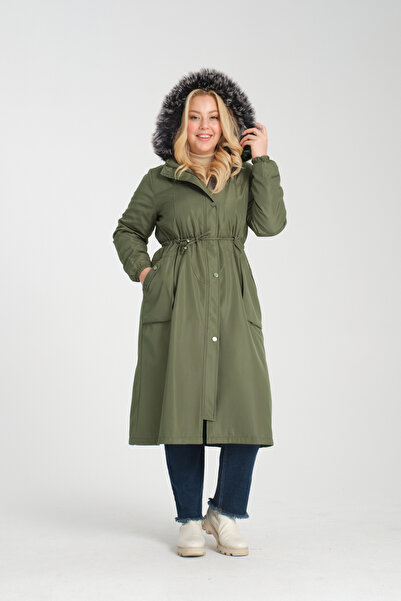 Soydan Güner İçi Kürklü Ara Boy Büyük Beden Mont Haki 4964