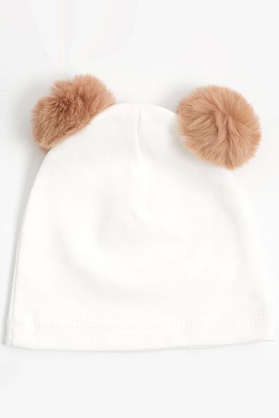LOGO AKSESUAR Brown Pompom Cotton Baby Girl Beanie
