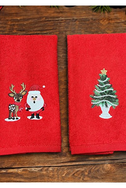 Ellaline Set of 2 Embroidered Christmas Towels Cotton Certified Hand Face Kitchen Guest Christmas 30X50Cm