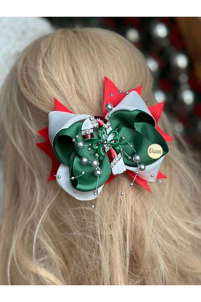 QUEEN AKSESUAR Luxury Design - Christmas Buckle with Brooch Layered Bow Detail, Large Metal Cane Candy Design