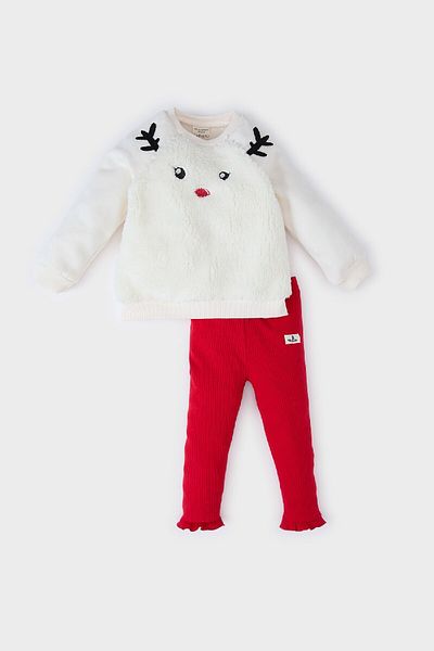 DeFacto 2-teiliges Set für Babys mit Neujahrsmotiv – Plüsch-Sweatshirt mit Rundhalsausschnitt und Leggings mit elastischem Bund D6512a524wn