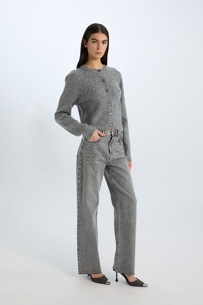 DeFacto Regular Fit Crew Neck Buttoned Rhinestone Knitwear Cardigan E0772Ax24Wn