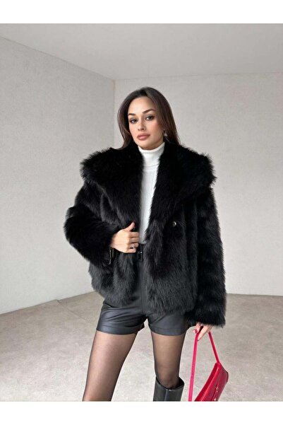Glysso Özel Tasarım Premium Peluş Suni Kürk Ceket Mont Siyah