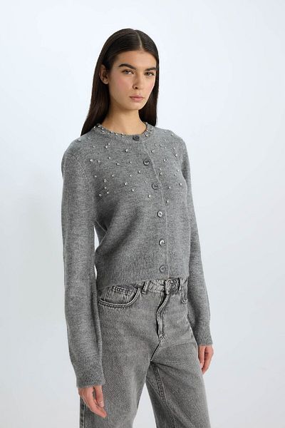 DeFacto Regular Fit Crew Neck Buttoned Rhinestone Knitwear Cardigan E0772Ax24Wn