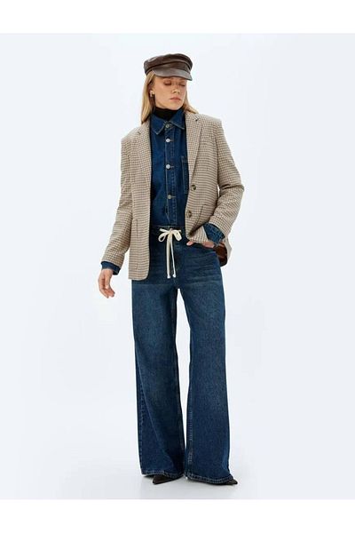 Koton Îmbrăcăminte pentru femei Koton X Sima Tarkan - Pantaloni din denim cu șireturi cu fundă 5WAL40208MD Indigo închis