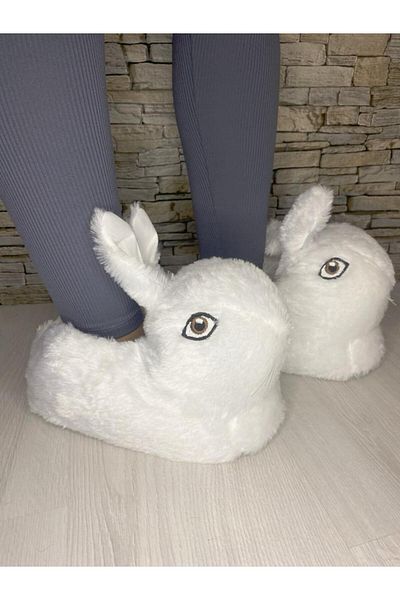 PLN SHOES Λευκές βελούδινες παντόφλες με φιγούρα κουνελιού Παντόφλες για το σπίτι Unisex