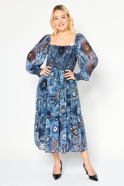 Vince Camuto Women Floral Pattern Midi Dress, Blue Combo